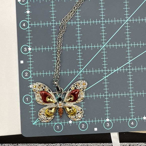 Butterfly Necklace 27" Acrylic Red Yellow Crystal Pendant Silver Tone Long Chain - Picture 6 of 7